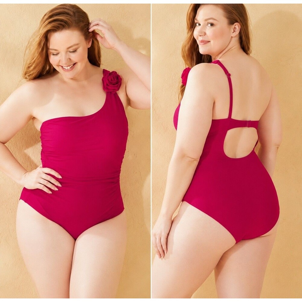 One Shoulder Floral Appliqué Swimsuit Pink Ruched Cutout Back Shade & Shore Sz L